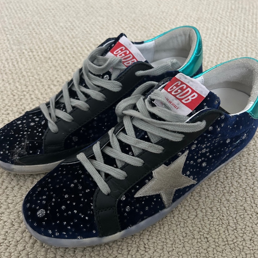 Women's Golden Goose Blue Velvet Glitter Superstars Size 39